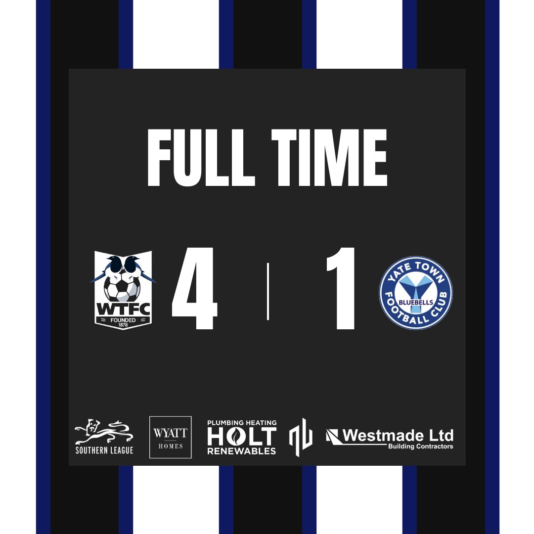 WimborneTownFC's tweet image. FULL TIME

Three points under the lights! 💡

Williams first half double and late strikes from Munn and Smith completes the comeback!

Next up we’re away to Dorchester on Saturday for the Dorset Magpie Derby - see you there! 🫡

#UpTheMagpies