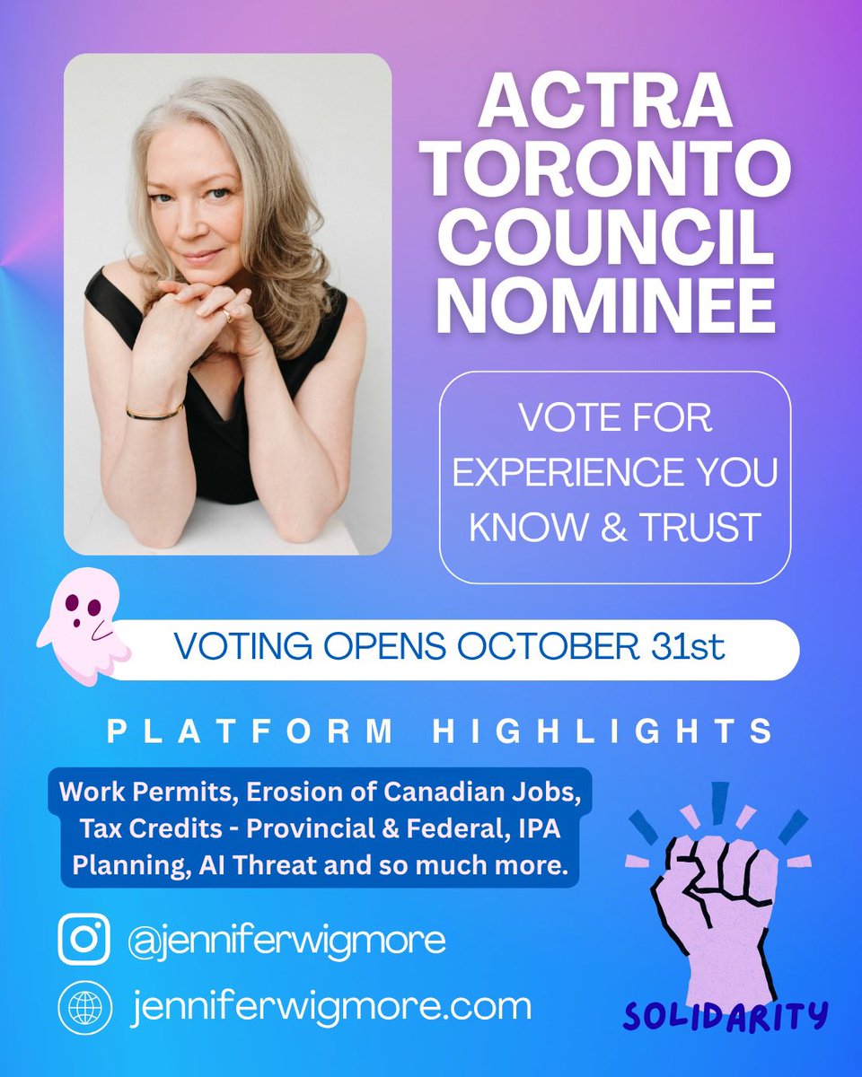 Officially running for ACTRA Toronto Council. Voting period Oct. 31-Nov. 11 - Platform: Work permits, tax credits, AI, and more. Thanks to @salvatoreantonio and <a href="/karenrobinson/">Karen Robinson</a> for the nomination.
#voteforwhoyouknowandtrust