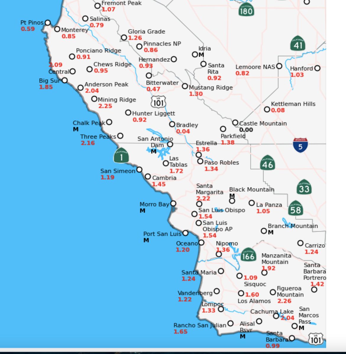 24 hour rainfall totals as of 1:30 p.m. Tuesday 10/14 from impactful Pacific Storm

San Luis Obispo: 1.54"
Santa Barbara 0.99"
Ventura: 1.29"
Ojai: 2.21"
Malibu: 1.91"
Burbank: 2.44"
DTLA: 1.27"
LAX: 0.65"
San Onofre: 0.45"
Encinitas: 0.10" (mainly in last 6 hours)