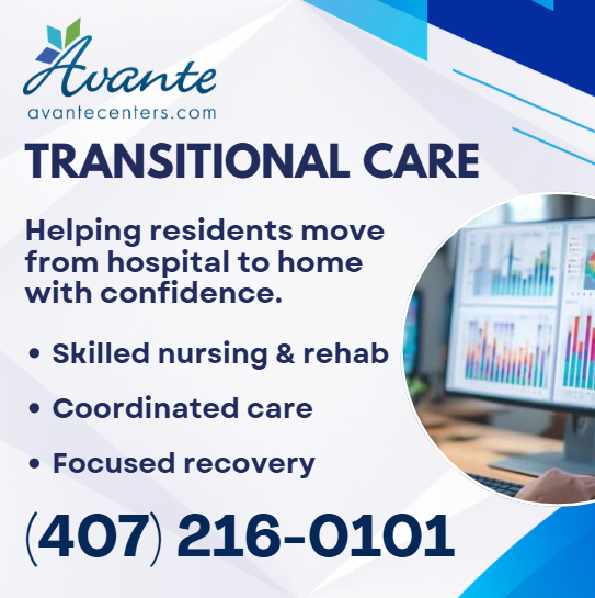 AvanteGroupInc's tweet image. Transitional Care 

Helping residents move from hospital to home with confidence.

• Skilled nursing &amp;amp; rehab
• Coordinated care planning
• Focused recovery

📞 (407) 216-0101
✉ info@avantecenters.com
🌐 avantecenters.com

#TransitionalCare #Rehabilitation #AvanteStrong