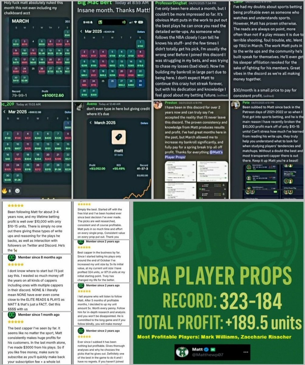 Mattplayerprops's tweet photo. FOR EVERY 50 LIKES, I'll give away a FREE PREMIUM MONTH. 500 = 10 free months 👀

Or go grab 8 MONTHS for the price of 5, 3 MONTHS FREE by clicking here ⤵️
https://t.co/J0HJamE0Ny

NBA is back in 1 week🔥
2024/25 Oct-Apr: +189.5U
2023/24 Oct-Apr: +245.87U
2022/23 Oct-Apr: +239.8U

💰NBA 24-25': 379-232
💰NBA 23-24': 389-250-5
💰NBA 22-23': 592-342-9 

Unit numbers based on the results during all the the months of NBA regular season from everything posted in discord ✅

Who's ready to put together another one of the best NBA seasons this space has seen!? I'll see you in VIP if you like winning 🤝