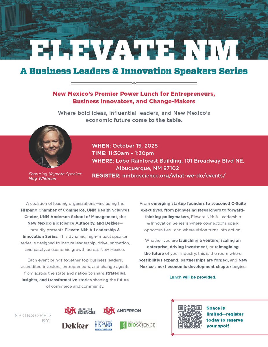 Looking forward to the launch of NM’s Power Lunch for Entrepreneurs, Innovators &amp; Change-Makers tomorrow, October 15, 2025! 

🎤 With our amazing inaugural speaker: <a href="/MegWhitman/">Meg_Whitman</a>
 ✨ 

<a href="/UNMHSC/">UNM Health Sciences</a>, <a href="/TheAHCNM/">The Albuquerque Hispano Chamber of Commerce</a>, <a href="/UNMAnderson/">UNM Anderson</a>, <a href="/NewMexicoBSA/">New Mexico Bioscience Authority</a>, <a href="/dpsdesigns/">DPS</a>