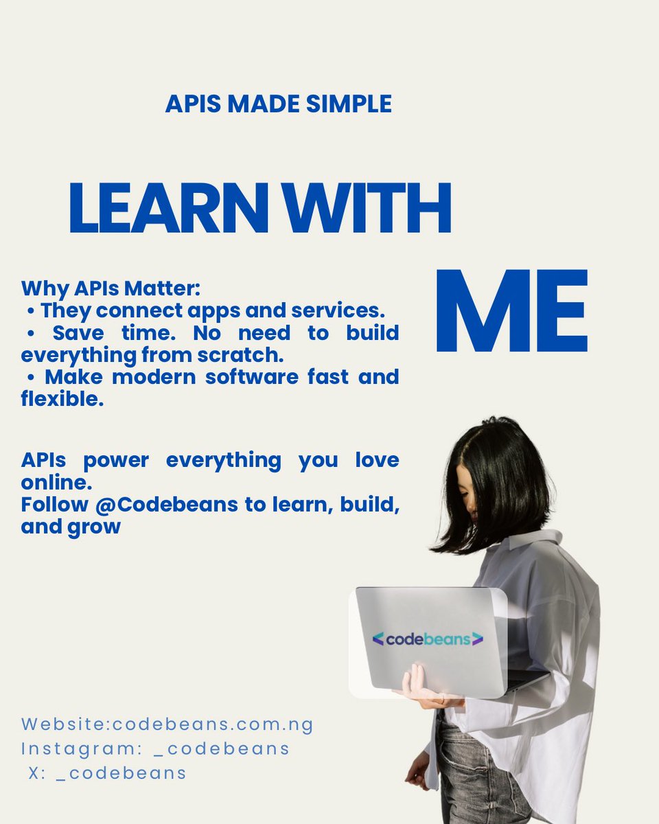 _codebeans's tweet image. Learn With Me: APIs Made Simple
Ever wondered how your favorite apps talk to each other?
Let’s simplify tech together, one bean at a time.
#LearnWithMe #Codebeans #TechSimplified #CodingForBeginners #APIsExplained #TechMadeEasy #LearnToCode #CodeCommunity #ProgrammingBasics