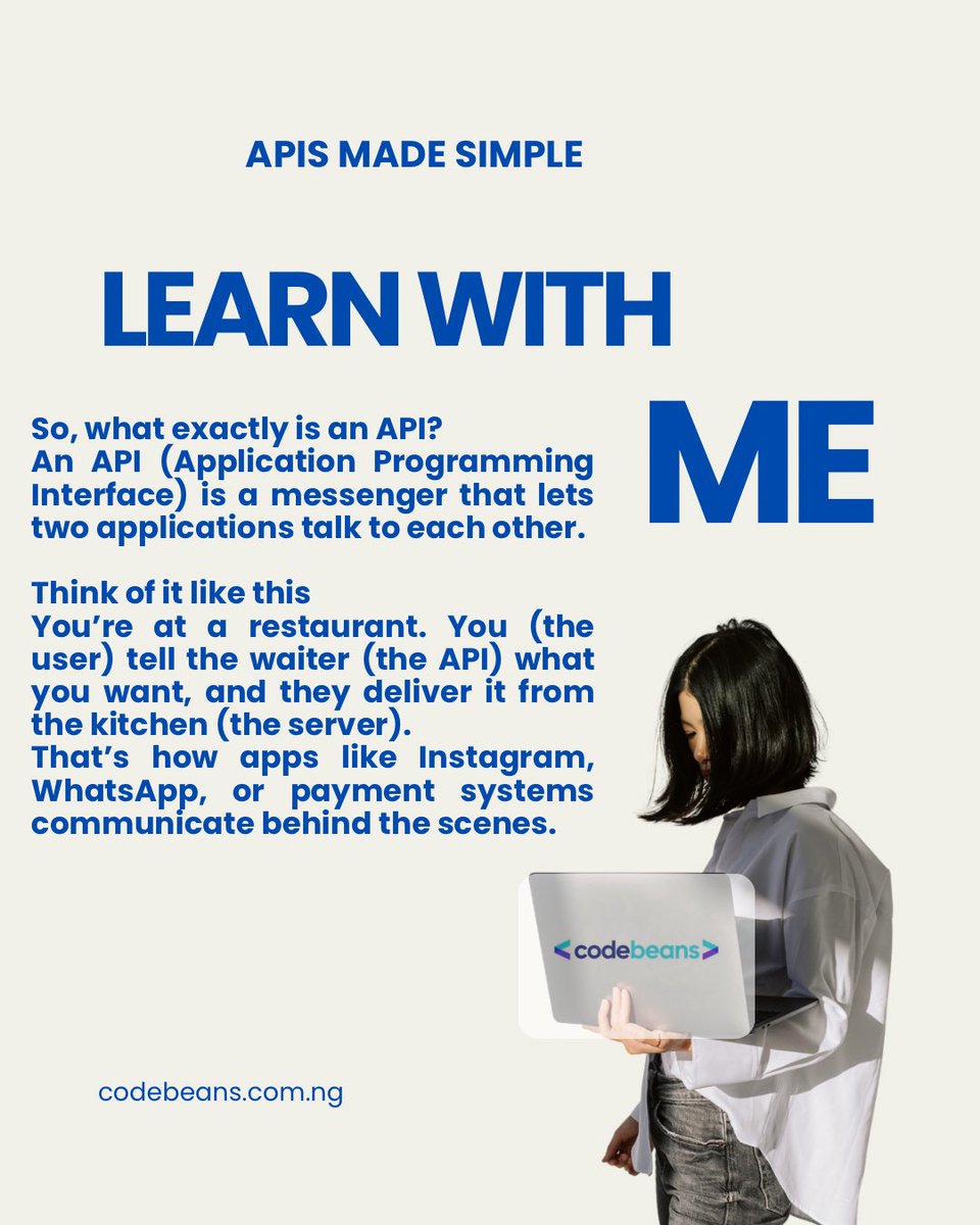 _codebeans's tweet image. Learn With Me: APIs Made Simple
Ever wondered how your favorite apps talk to each other?
Let’s simplify tech together, one bean at a time.
#LearnWithMe #Codebeans #TechSimplified #CodingForBeginners #APIsExplained #TechMadeEasy #LearnToCode #CodeCommunity #ProgrammingBasics