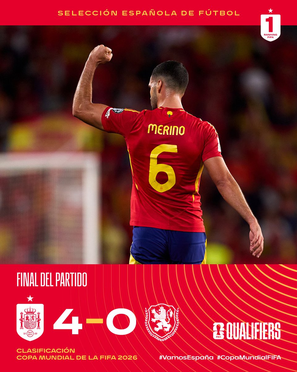 🏁 ¡¡𝗙𝗜𝗡𝗔𝗟 𝗗𝗘𝗟 𝗣𝗔𝗥𝗧𝗜𝗗𝗢 𝗘𝗡 𝗣𝗨𝗖𝗘𝗟𝗔!!

Cuatro goles y tres puntos más en nuestro camino al Mundial.

🇪🇸 🆚 🇧🇬 | 4-0 | 90+3'

#VamosEspaña | #CopaMundialFIFA