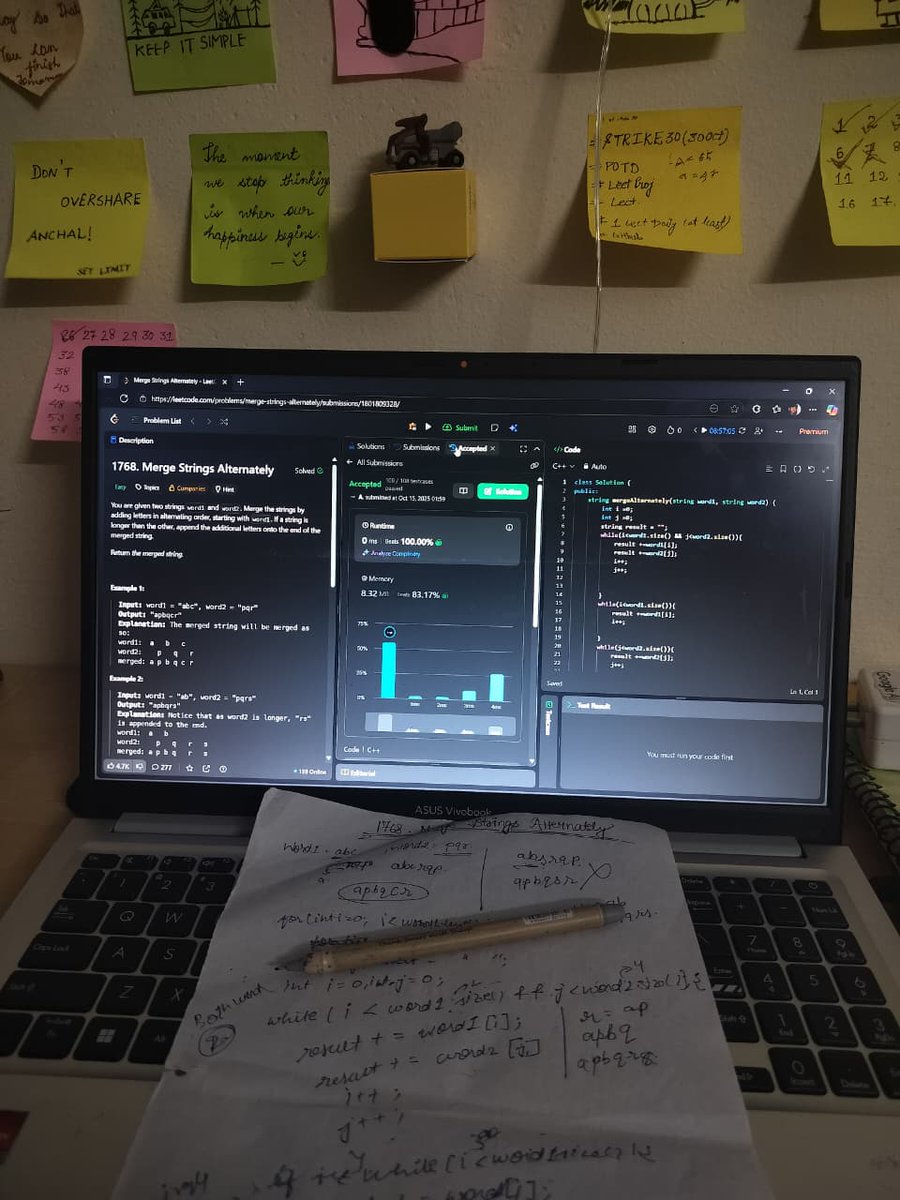 AnchalGupta009's tweet image. Day 23 : Merge Strings Alternately
Approach: Two pointers → alternate pick → append → done ⚙️
Some problems aren’t tough, just need a clear flow 😌
#LeetCode #CPP #Developer #DevJourney