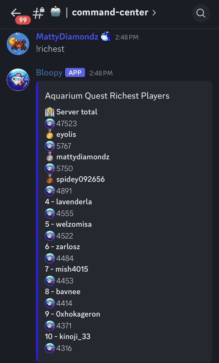 MMMatt132's tweet photo. Currently 2nd for most Bloopies in AQ Discord! The Fish Casino is very fun where you can wager Bloopies to play RPS versus our favorite fish Bloopy! I went to 0 Bloopies twice for close to 3000 Bloopies lost but I have made it back! Join Discord and play! #aquariumquest https://t.co/u2iduoV1YJ
