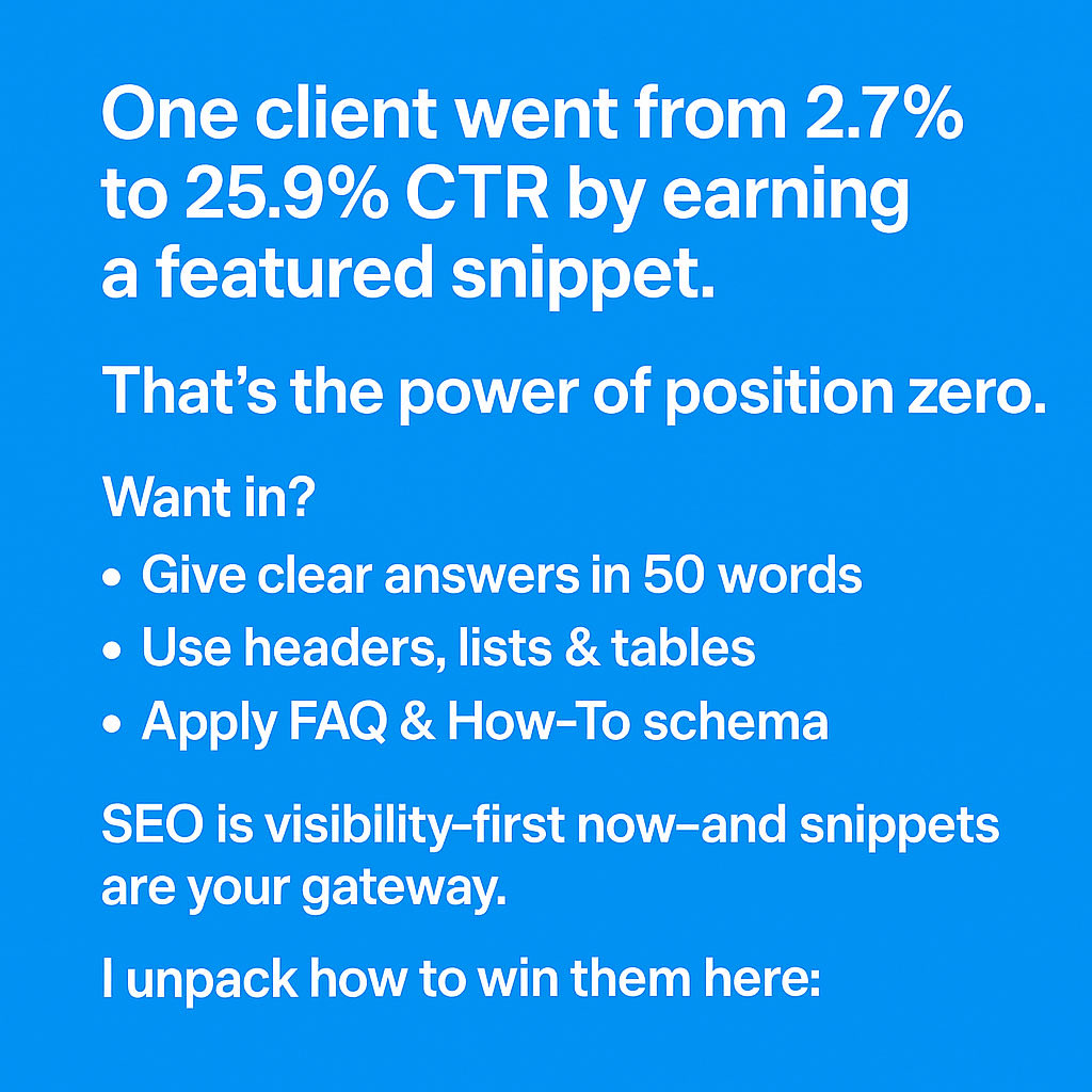 B2the7's tweet image. CTR jump: 2.7% → 25.9% 🚀
One featured snippet = huge impact.
✅ Structured answers
✅ FAQ schema
✅ Lists & tables
Learn how: b2the7.com/news-blog/zero…
#SEO #ContentMarketing #Snippets #ZeroClick