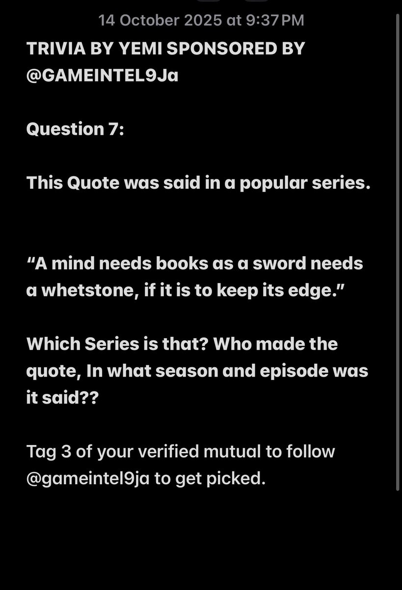 YemiFirstson's tweet image. TRIVIA WITH YEMI 

SPONSORED BY @gameintel9ja 

Follow sponsor : @gameintel9ja to win.

Our Banker @odesanmijamal_ 

QUESTION 7: 

FOLLOW THE INSTRUCTIONS!!!