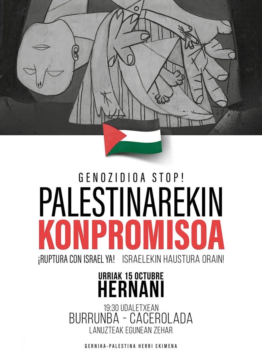 🇵🇸 Garin herriko tabernak bat egiten du sindikatuek eta Gernika-Palestina herri ekimenak urriaren 15erako deitu dituzten lanuztearekin eta mobilizazioekin.

Horregatik, bihar lanuzteak egingo ditugu, 11:00etatik 14:00etara eta 19:00etatik 22:00etara. Bihar, mobilizazio orokorra!