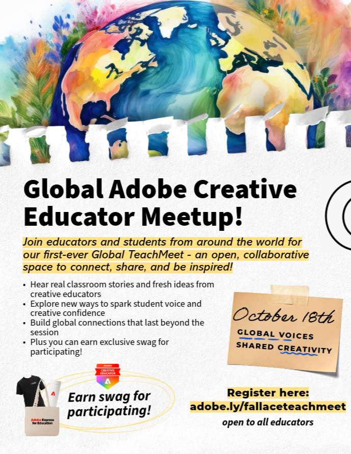 Techteachernyc's tweet image. Global Adobe Creative Educator Meetup happening this weekend. Sign up at adobe.ly/fallaceteachme…
#AdobeEduCreative #TeachMeet #AdobeForEducation