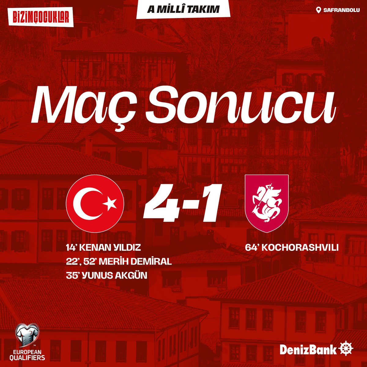 Türkiye - Gürcistan Maç Sonucu 4-1 !!!

#BizimÇocuklar Dünya Kupasına göz kırptı..

Kenan Yıldız üstüne koyarak devam ediyor 🧿
Hakan Çalhanoğlu kaptan gibiydi ve kilit pasları çok iyi 👌
Yunus Akgün defansa yardımcıda oldu golünüde attı 🦁
Merih Demiral yine bildiğimiz gibi 🤟