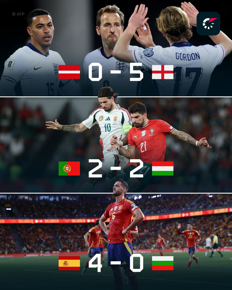 Flashscorecom's tweet photo. 🏴 Kane books England's ticket to North America next summer, as marvelous Mikel Merino shines 🇪🇸 and Hungary spoil Portugal's party! 🇭🇺
𝐖𝐂𝐐 𝐬𝐜𝐨𝐫𝐞𝐬 𝐚𝐧𝐝 𝐬𝐭𝐚𝐭𝐬:
https://t.co/LgJl8AhXLx
#LVAENG #PORHUN #ESPBUL
#WeAre26 #WCQ https://t.co/wNGHO7LNF0