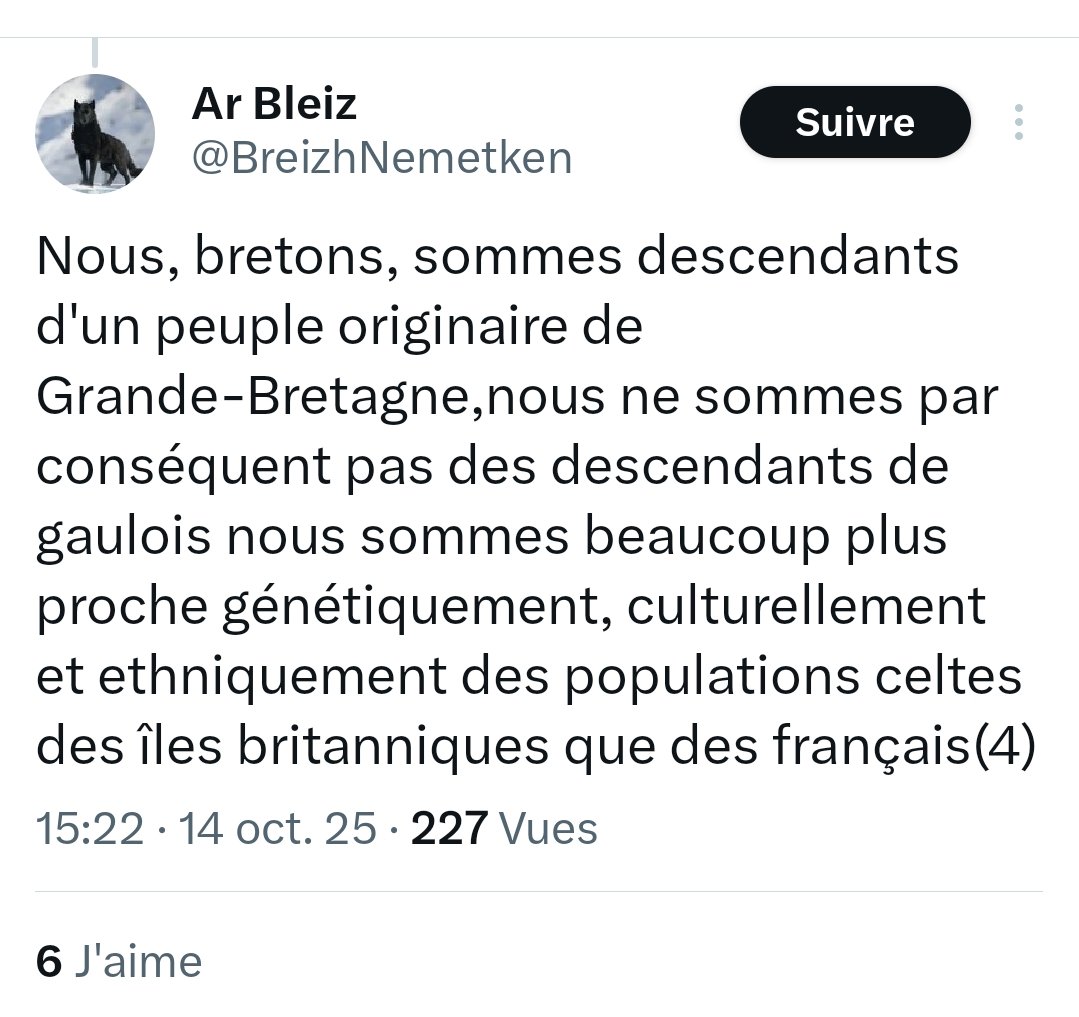 Ce n'est pas tout à fait exact. Le peuple breton est né de la fusion des peuples celtes partiellement romanisés d'Armorique d'une part, avec les Bretons insulaires qui s'installent en Armorique au début du Moyen-Âge d'autre part.
Les Bretons d'aujourd'hui ne sont donc pas