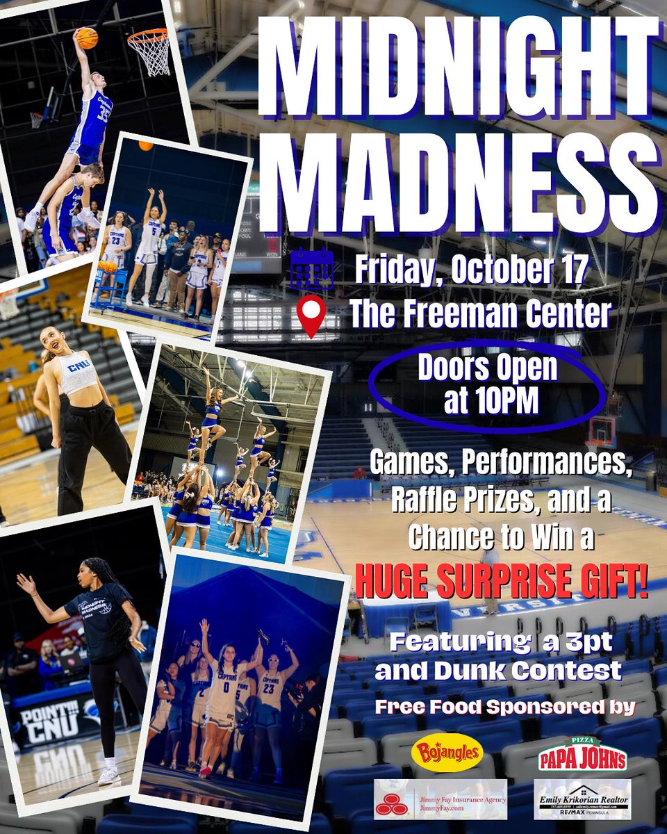 MIDNIGHT MADNESS THIS FRIDAY

Join us at the Freeman Center to kick off the ‘25–‘26 season in style! Meet the teams, cheer on the 3-point and dunk contests, and even jump into some games for a chance to win a HUGE SURPRISE 👀🎁