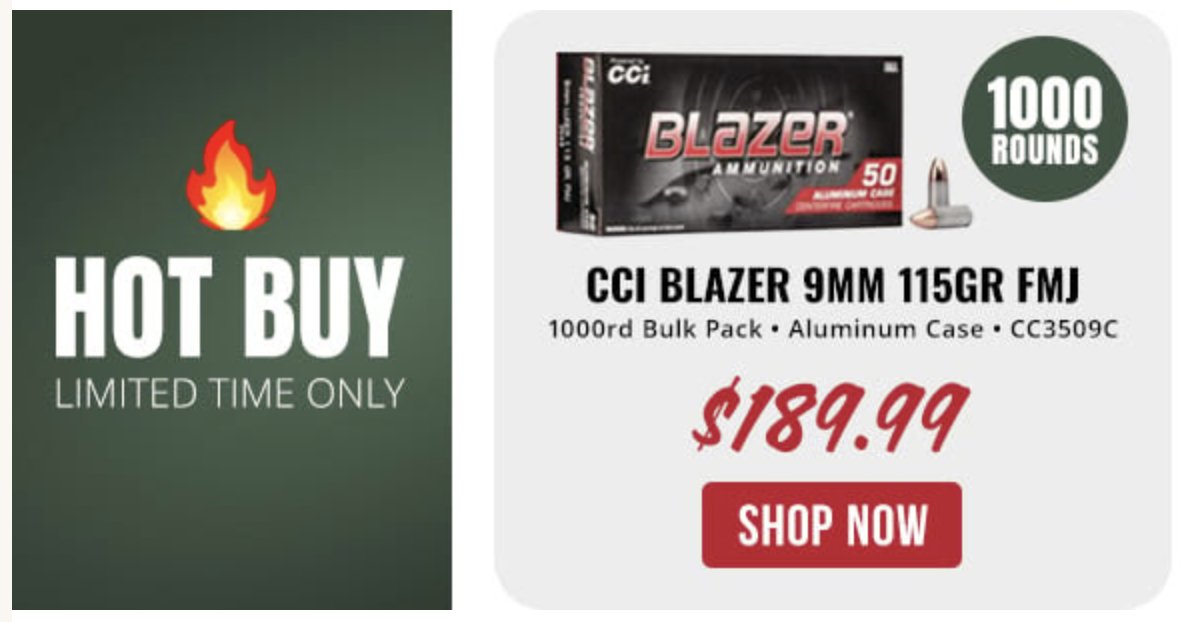 HOT BUY! 🔥🔥🔥 1K Rds of 9MM available now for $189.99! Shop: t.ly/aO26z
