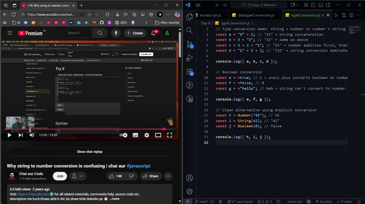JagrataDeb's tweet image. Day 6 of #25DayChallenge by @Hiteshdotcom and @ChaiCodeHQ
console.log(1 + 2 + "3"); → "33"
console.log("1" + 2 + 3); → "123"
💡 Left-to-right matters:
First number → math.
First string → concat.
#JavaScript #CodeTips #25DaysOfCode #DevCommunity #FrontendDev #WebDev