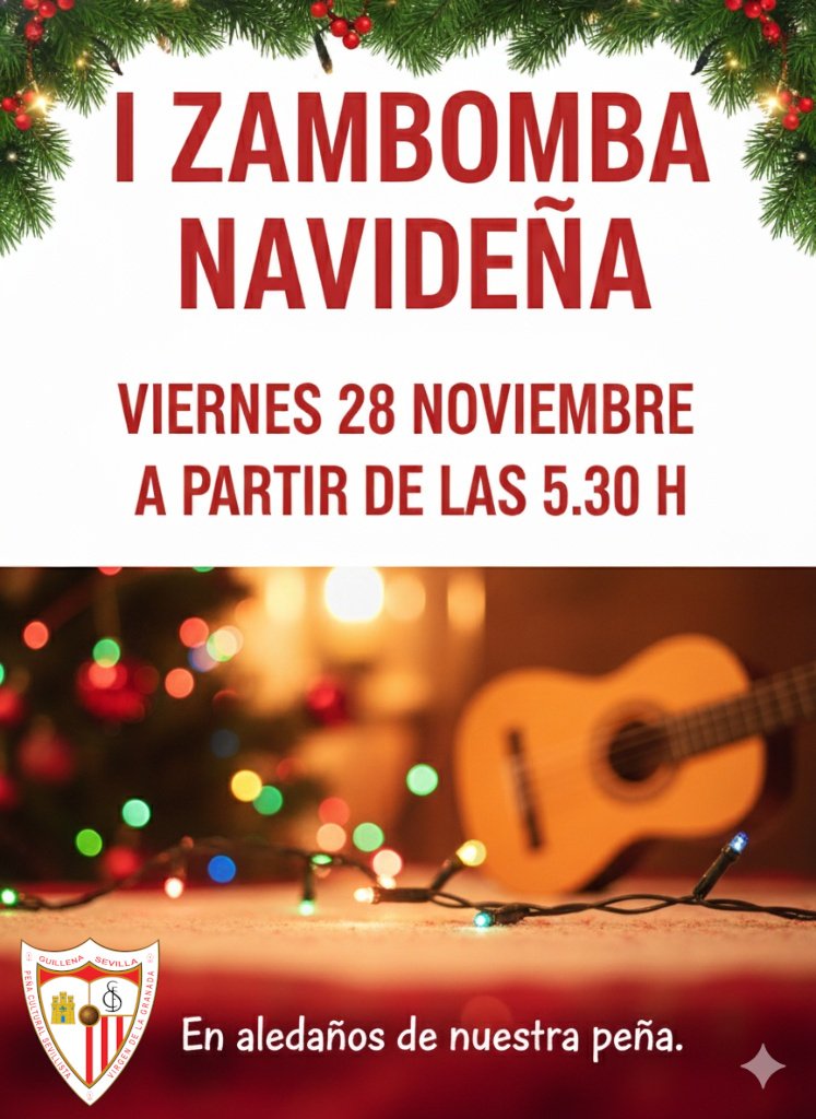 Pues ya lo tenemos recién salido del horno!!

I ZAMBOMBA NAVIDEÑA

ANOTEN LA FECHA: VIERNES 28 NOVIEMBRE

Se trata de pasar una tarde-noche agradable en los aledaños de nuestra peña escuchando a los nuestros!!

No podíamos esperar más para anunciarlo 🤗...y daremos más detalles..