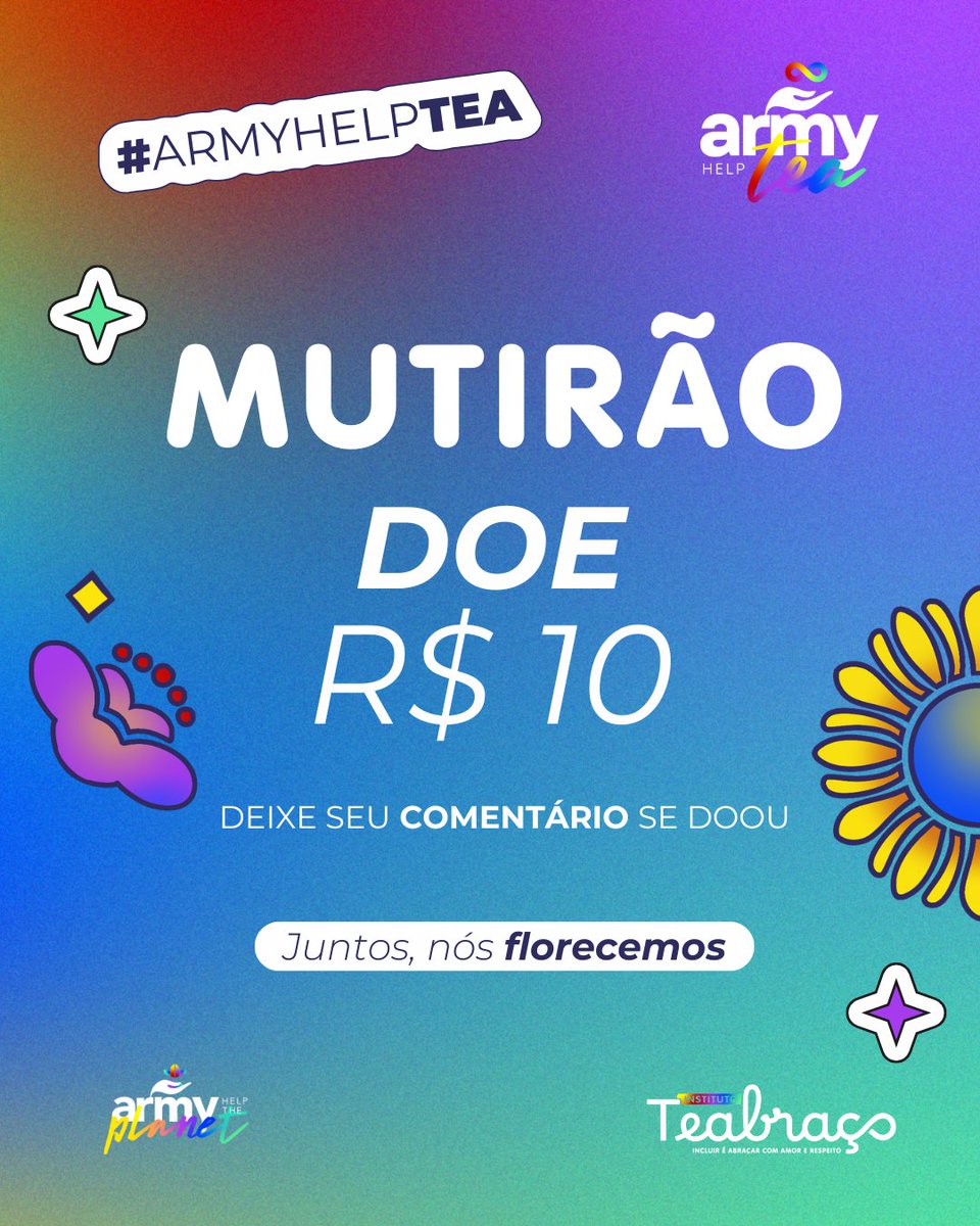Bora pra um mutirão diferente para essa campanha incrível?

#ArmyHelpTEA pt.1, um feat. com o Instituto TEAbraço

Participe doando 10 reais e COMPARTILHE!

Essa é uma causa muito importante pro Yoongi, que tal fazer parte dessa campanha incrível?

Juntos, nós florescemos 🌻💜