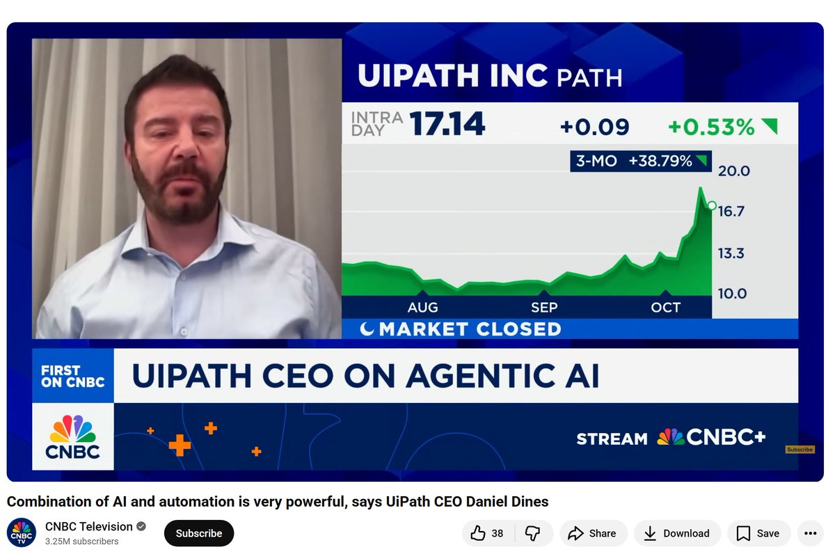 $PATH 🔥 UiPath CEO Daniel Dines on CNBC just gave one of his most bullish interviews yet, the clearest signal that UiPath is stepping into its Act 2 as the backbone of enterprise agentic AI.

“The combination between AI and automation is extremely powerful.”

“We made agentic