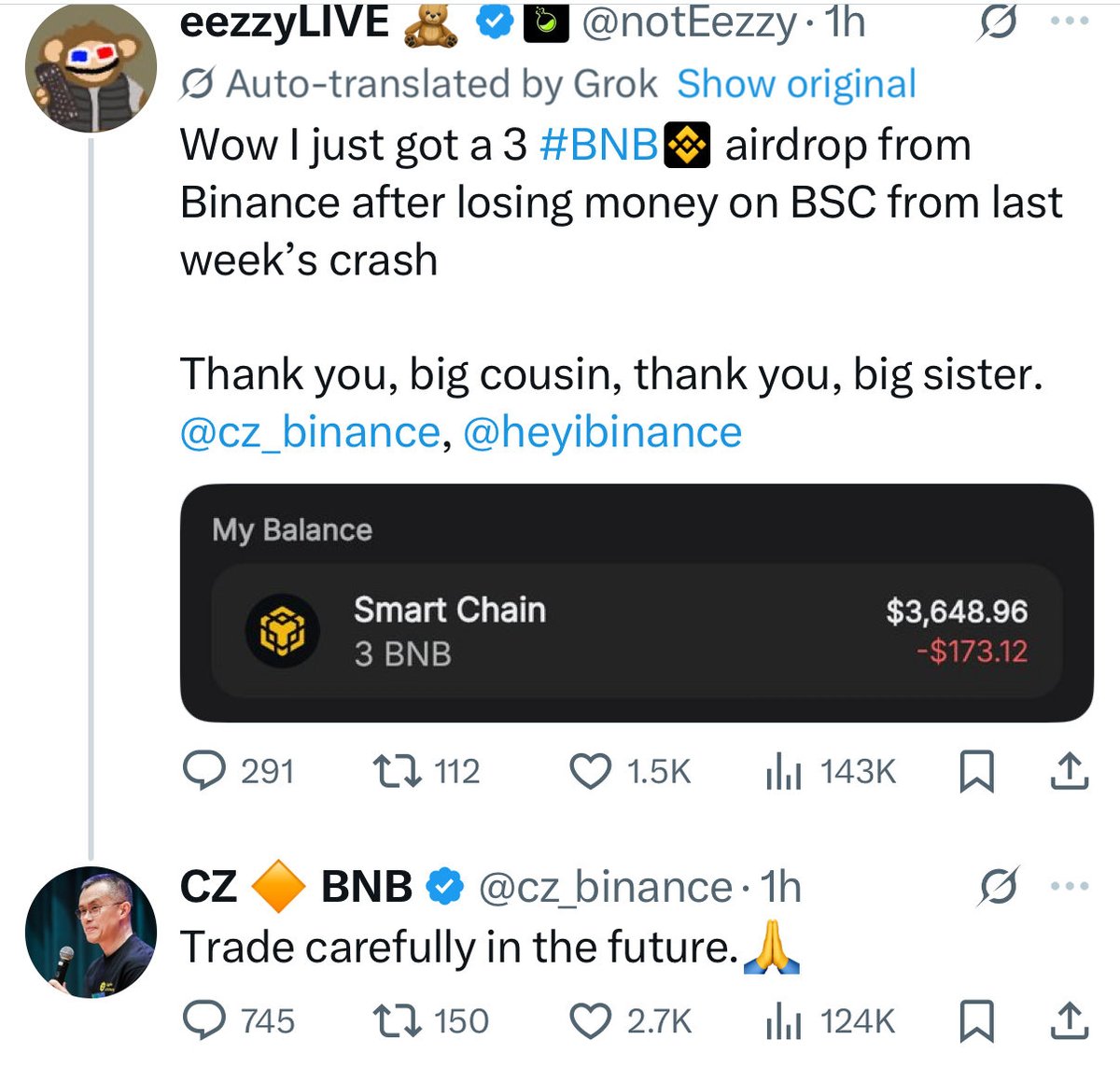 I’ve got 5 years on $ETH and could never imagine <a href="/VitalikButerin/">vitalik.eth</a> doing such a thing on the timeline… 

F*ck!!!! <a href="/cz_binance/">CZ 🔶 BNB</a> incredibly based!