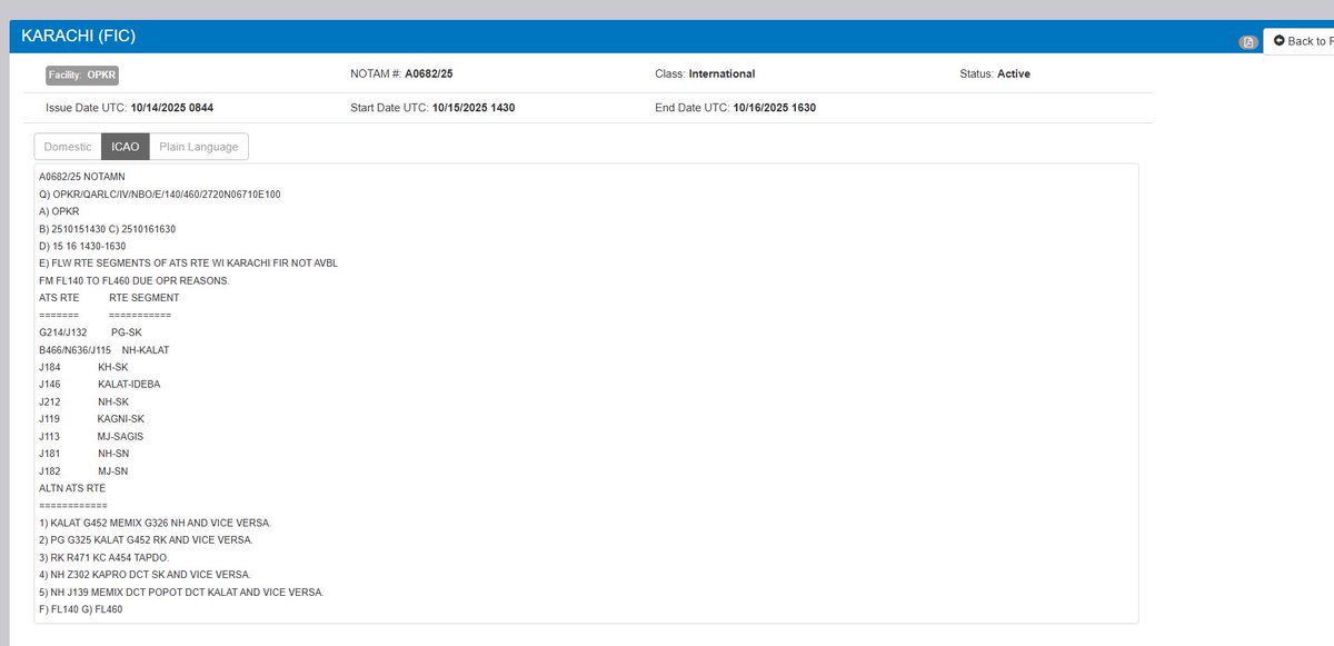 Faytuks Analysis: Pakistan has issued a NOTAM (A0682/25) restricting several key airways in Karachi FIR from October 15–16, between FL140–FL460 (14,000–46,000 ft) due to “operational reasons.”

🟩 = Restricted 
🟪 Purple  = airways

Faytuks Network map (rough map):