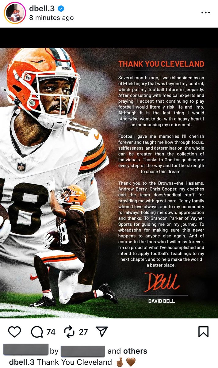#Browns WR David Bell just announced his retirement.

The 24-year-old is an Indianapolis native. He starred at Warren Central and #Purdue before being drafted in the third round by Cleveland in 2022.

“I accept that continuing to play football would literally risk life and limb.” 