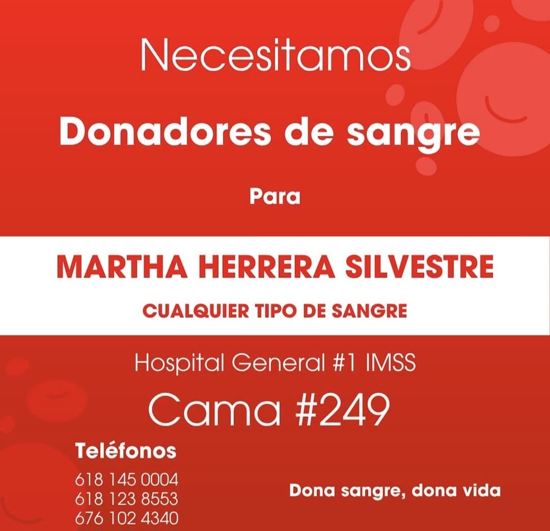 Se necesitan donadores de sangre para Martha Herrera Silvestre (cualquier tipo).
Hospital General #1 IMSS, cama #249
📞 618 145 0004 / 618 123 8553 / 676 102 4340

Tu ayuda puede salvar una vida.