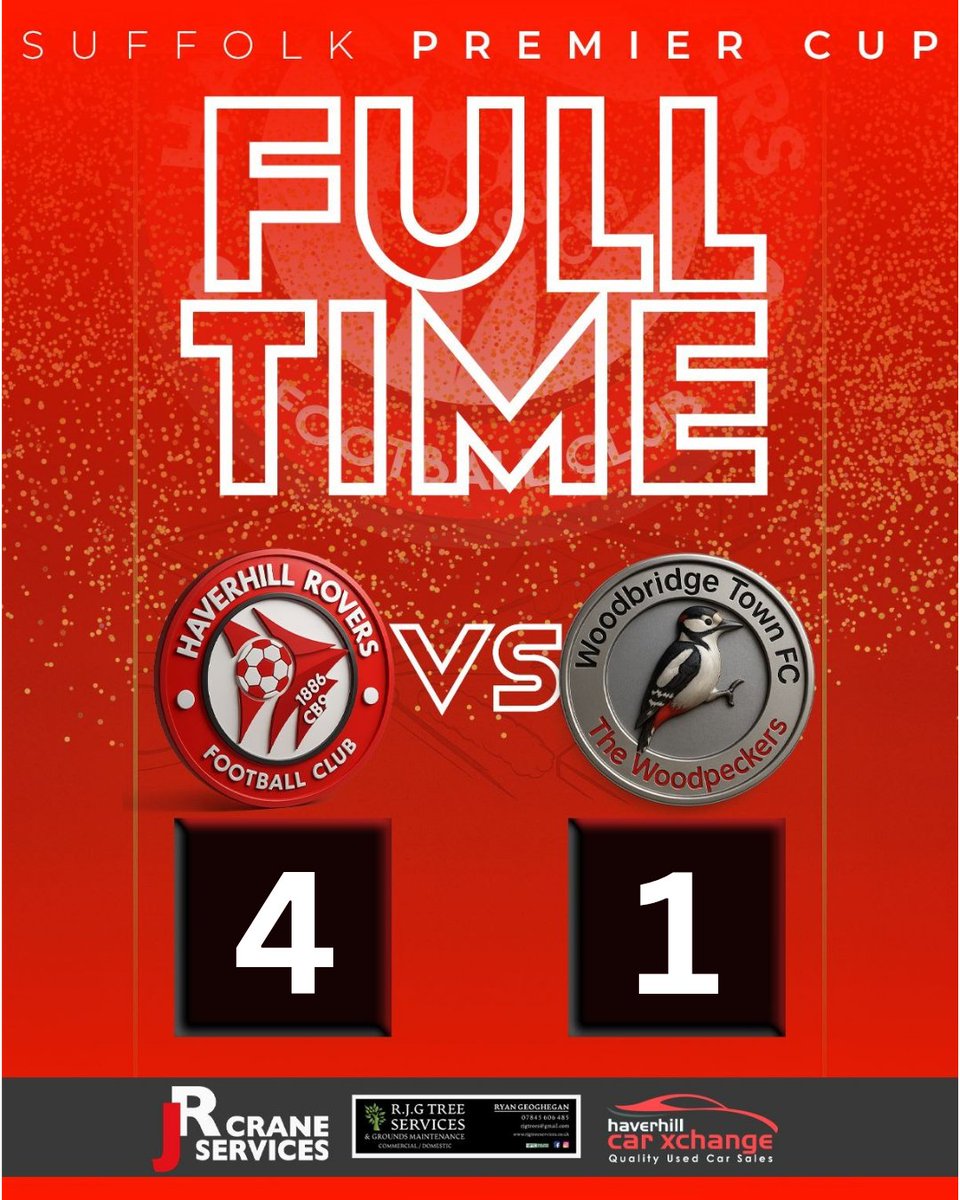 Haverhill Rovers (@haverhillrovers) on Twitter photo Final whistle goes.
4-1 in the Endeavour Automotive <a href="/SuffolkFA/">Suffolk Football Association</a> Premier Cup, <a href="/ReeceyClarke/">Reece Clarke</a> equalising in the first half then 2 for <a href="/JaridRobson/">J-Rob</a> second half and an own goal (sorry, <a href="/CaseP62/">Casey Phillips</a>).
Next up is Halstead on Saturday.
See you then!
#WeAreRovers Final whistle goes.
4-1 in the Endeavour Automotive <a href="/SuffolkFA/">Suffolk Football Association</a> Premier Cup, <a href="/ReeceyClarke/">Reece Clarke</a> equalising in the first half then 2 for <a href="/JaridRobson/">J-Rob</a> second half and an own goal (sorry, <a href="/CaseP62/">Casey Phillips</a>).
Next up is Halstead on Saturday.
See you then!
#WeAreRovers