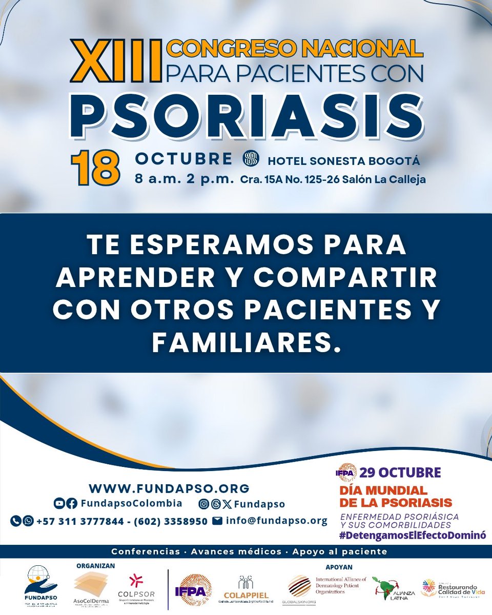 📢Corre la voz. Invita a pacientes, cuidadores o profesionales de la salud que quieran compartir y aprender sobre esta enfermedad de la piel. 

18 de octubre | 🕗 8:00 a.m. a 2:00 p.m.
📍 Hotel Sonesta Bogotá  Salón La Calleja
🔗 Inscripciones: forms.gle/chCcocDzCkyVmr…