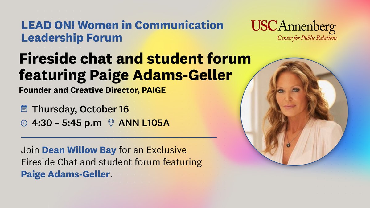Join #ASCJ Dean Willow Bay for an insightful fireside chat and student forum featuring Paige Adams-Geller, founder and creative director of PAIGE! RSVP and attend at 4:30 p.m. on Thursday, Oct. 16: annenberg.usc.edu/events/center-…