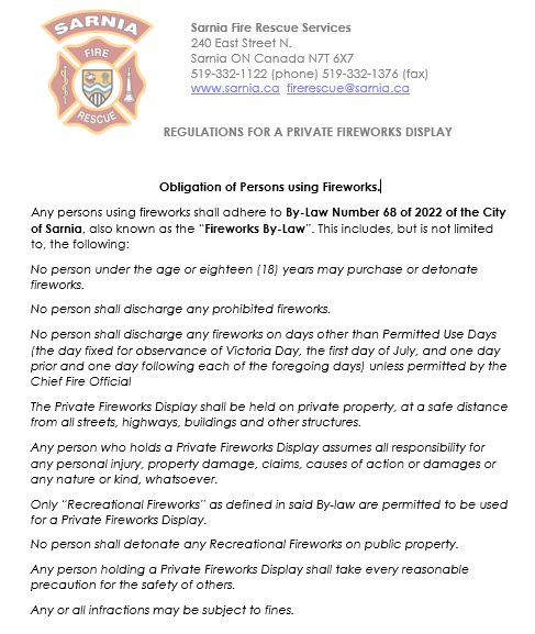 Please see the attached media releases on Diwali being declared a special occasion day for fireworks to be permitted in The City of Sarnia.