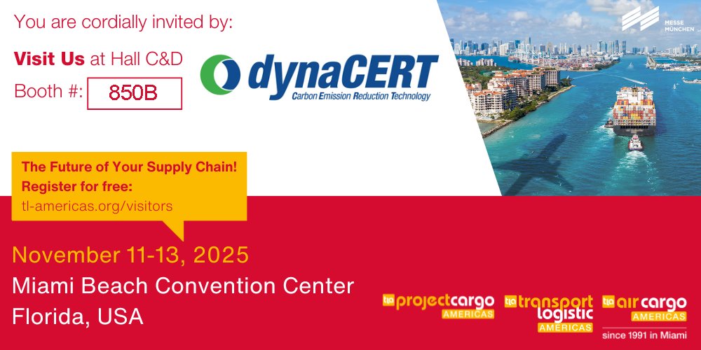 dynaCERT will be present at the Transport Logistic Exhibition in the Miami Beach Convention Center, from November 11th-13th, 2025. Find us located in Hall C&amp;D, Booth 850B.

#dynaCERT #Hydrogen #Electrolysis #Transport #Logistic #Convention