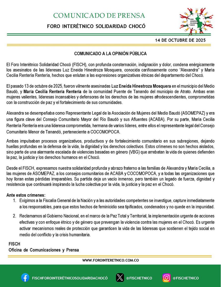Hoy, las voces de Alexandra y María Cecilia no se apagan: se multiplican en las de las mujeres, los pueblos y comunidades que continúan defendiendo la vida, la dignidad y la paz en el Chocó.