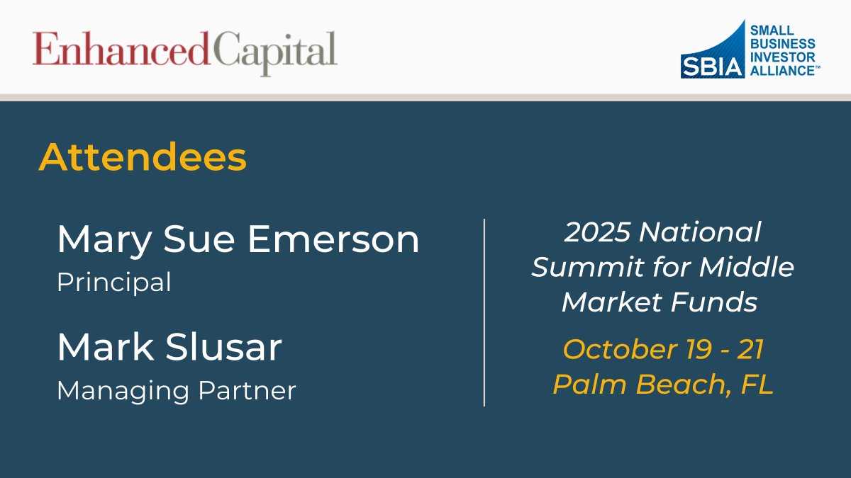 <a href="/EnhancedCaptl/">Enhanced Capital</a>’s Mary Sue and Mark look forward to attending <a href="/SmallBusinessPE/">SBIA</a>’s 2025 National Summit for Middle Market Funds from 10/19 to 10/21 in Palm Beach.

Contact us to connect or learn about our #SmallBusinessLending strategy!

Event details: sbia.org/national-summi…