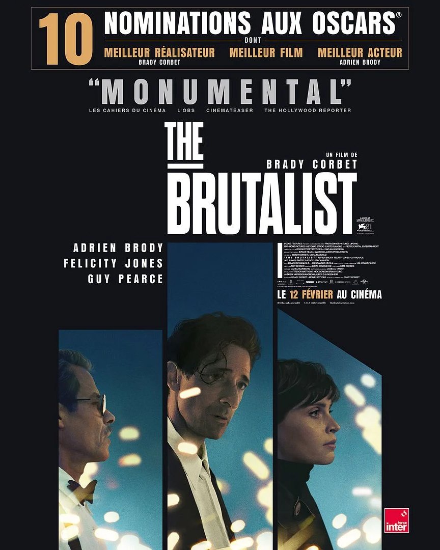 Pour son passage en télévision #TheBrutalist voit son entracte, exigé par son réalisateur Brady Corbet, réduit de 15 minutes à 1 minute. 
#CanalPlus