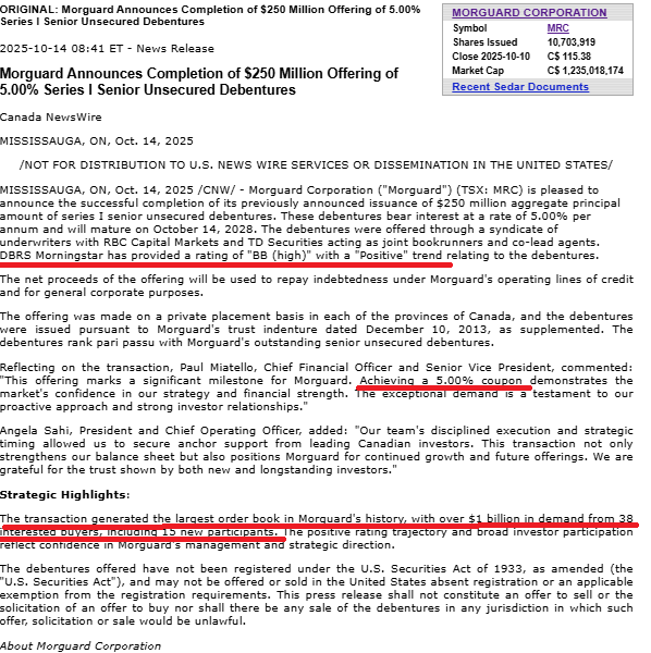 Interesting update from $MRC.TO $MRT.UN. "Historic" demand for their debenture which was unsecured and issued only at 5%. I remember the seasoned experts a couple years back proclaiming the end of #CRE when Morguard issued a 9.5% debenture with insiders buying it heavily.