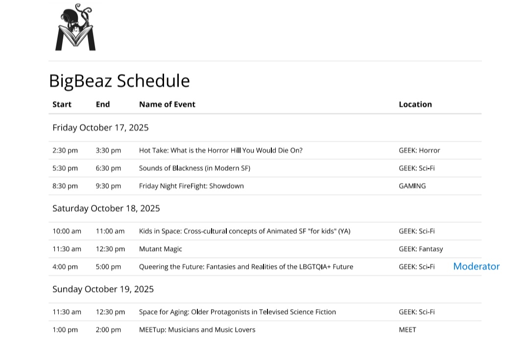 Biggest_Beaz's tweet photo. Here it is!!! My schedule for #MultiverseCon this weekend! If you're at the con, please feel free to stop by and say hi! I got stickers and hugs!! https://t.co/Uq6nn4ysvA