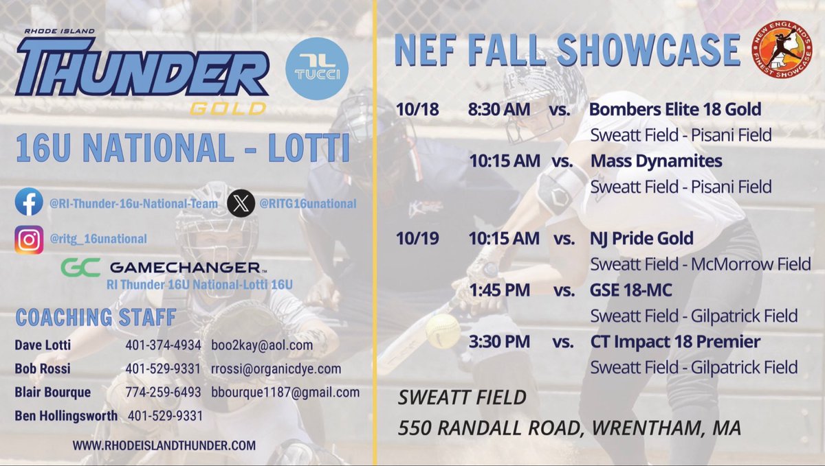 Heading to Wrentham, Ma for #newenglandsfinest this weekend. Schedule below ⬇️ ⬇️ stop by and check us out 💪🏼🥎

<a href="/BobRossiRITG/">Bob Rossi</a> <a href="/thunderjam134/">dave lotti</a> <a href="/RITG16unational/">RI Thunder Gold 16u National- Lotti</a>