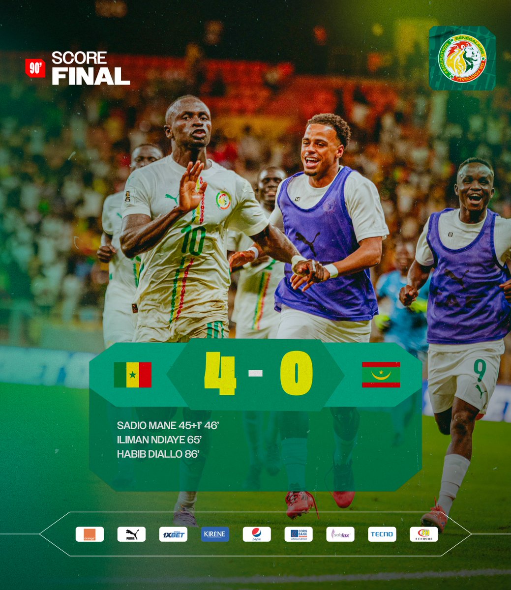 🔜 Grâce à un doublé de Sadio Mané et des buts d'Iliman Ndiaye et Habib Diallo, le Sénégal s'impose 4-0 à domicile et valide sa qualification pour la prochaine Coupe du Monde. Leaders du groupe B, nos lions terminent les éliminatoires invaincus. #WCQ2026