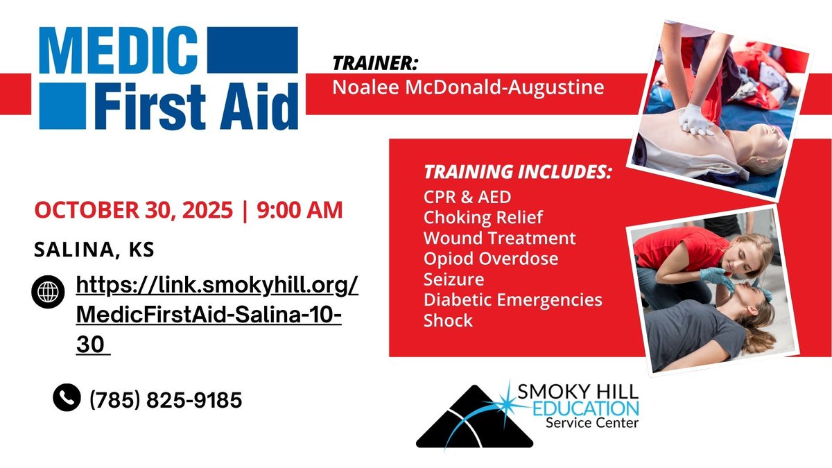 Need CPR Certification or want to save a life? Prompt CPR after cardiac arrest can double or even triple the chance of survival. Register today - Salina 10/30 - link.smokyhill.org/MedicFirstAid-….
<a href="/SmokyHillEDU/">Smoky Hill Education Service Center</a> #SHESCsecd