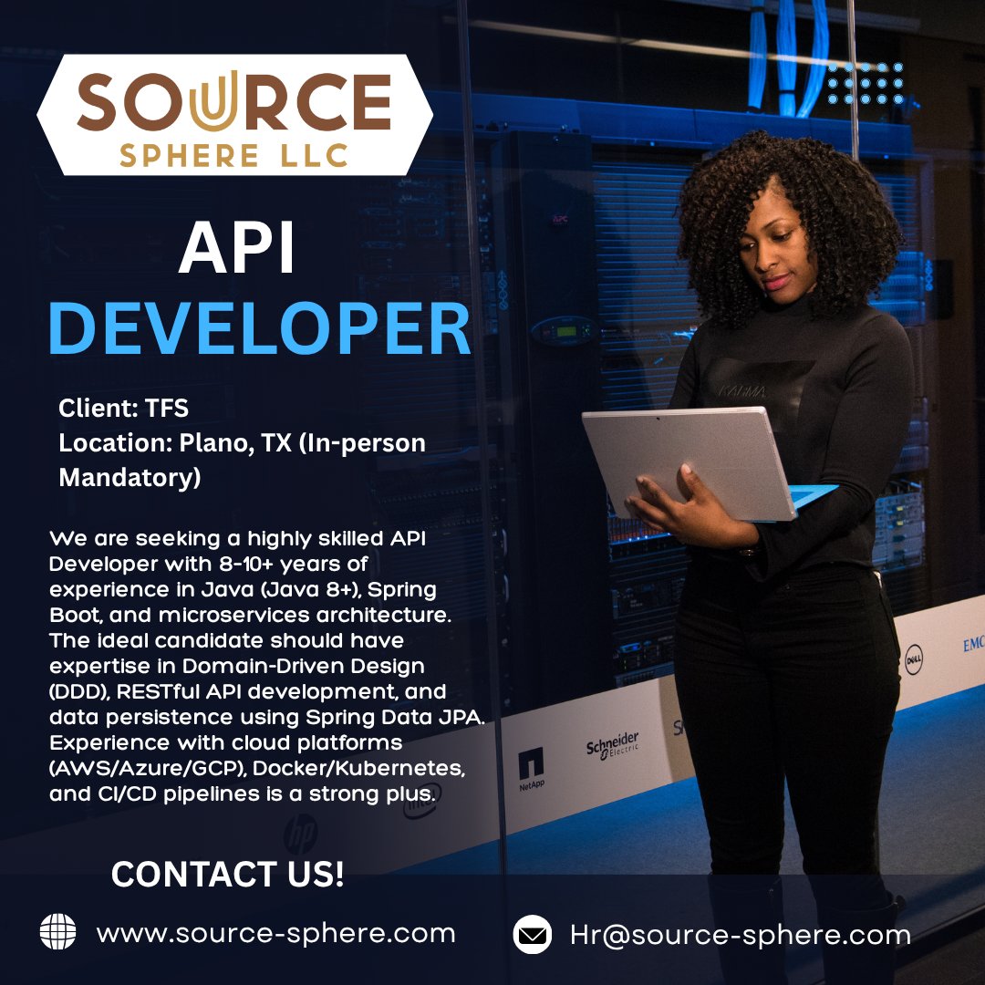 sourcespherellc's tweet image. Client: TFS
Job Title: API Developer
Location: Plano TX
Client: In-person mandatory
#api #apideveloper #aws #jobs #newrecuitmrnt #sourcesphere #software #java #softwareengineer #sourcespherellc