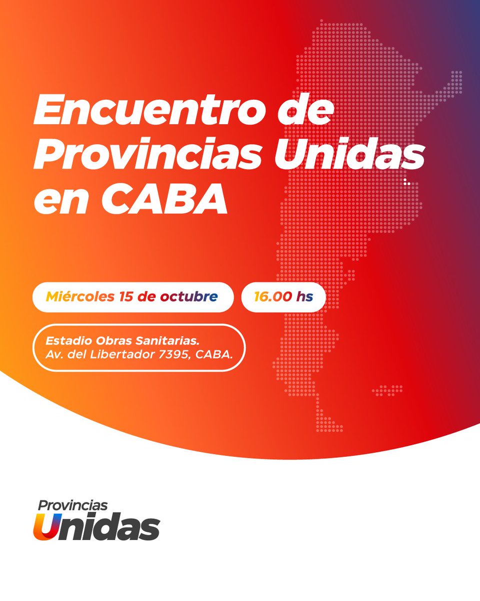 ProvUnidasAR's tweet photo. Con #ProvinciasUnidas, seguimos presentes en todo el país para construir un proyecto federal 🇦🇷

Mañana nos encontramos en la Ciudad de Buenos Aires.

📍 Estadio Obras Sanitarias. Av. del Libertador 7395, CABA.
🕚 16:00 h. https://t.co/LAFtA5rsMT