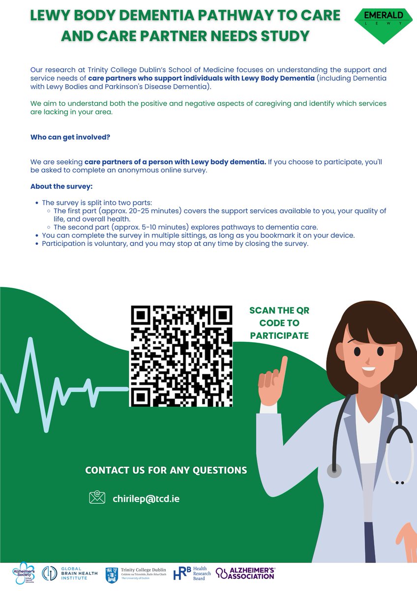 Dementia Research Network Ireland (@drnire) on Twitter photo 🧠Are you a care partner of a person living with LBD? 
✍️The Emerald Lewy project in <a href="/tcddublin/">Trinity College Dublin</a> is inviting current/former care partners of a person with dementia to take a survey to identify support gaps & improving quality of life.
➡️See below or go to tinyurl.com/5bs9prac 🧠Are you a care partner of a person living with LBD? 
✍️The Emerald Lewy project in <a href="/tcddublin/">Trinity College Dublin</a> is inviting current/former care partners of a person with dementia to take a survey to identify support gaps & improving quality of life.
➡️See below or go to tinyurl.com/5bs9prac