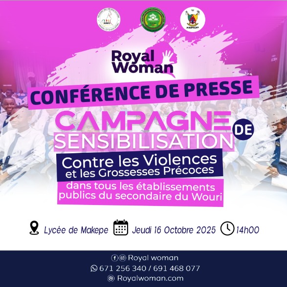 emy0513's tweet photo. 🛑🛑  𝘾𝙤𝙣𝙛é𝙧𝙚𝙣𝙘𝙚 𝙙𝙚 𝙥𝙧𝙚𝙨𝙨𝙚: ROYAL WOMAN annonce la conférence de presse qui fera office du lancement officiel de la campagne de sensibilisation aux violences et grossesses précoces en milieu scolaire. https://t.co/tbkma2WLYA