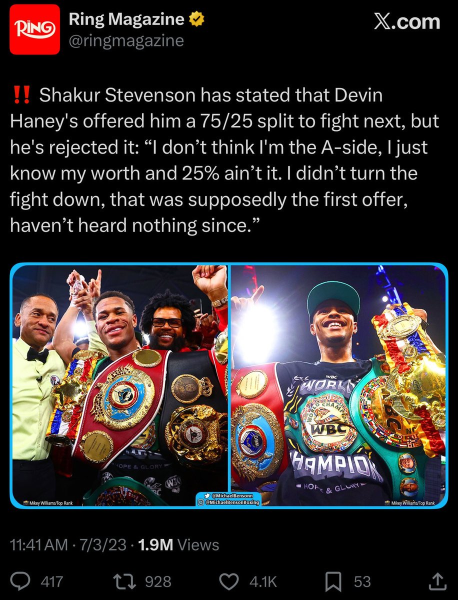 🧏♂️ (@bh23r2k) on Twitter photo How often do yall think <a href="/ShakurStevenson/">Shakur Stevenson</a> regrets not taking the 25%😭😭😭
He had a chance at undisputed glory, instead he went onto fight Edwin De Los Santos, Josh Padley and William Zepeda🔮 How often do yall think <a href="/ShakurStevenson/">Shakur Stevenson</a> regrets not taking the 25%😭😭😭
He had a chance at undisputed glory, instead he went onto fight Edwin De Los Santos, Josh Padley and William Zepeda🔮