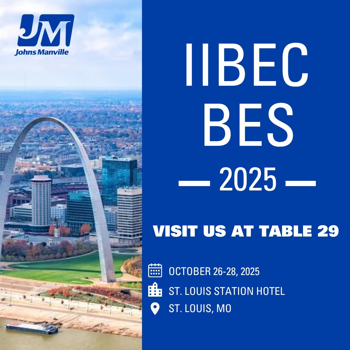 JMRoofingSystem's tweet image. Heading to St. Louis for IIBEC BES 2025? Visit JM at Table 29 and let&apos;s talk innovation!
📅 Oct 26–28 | St. Louis Station Hotel
Details: bes.iibec.org