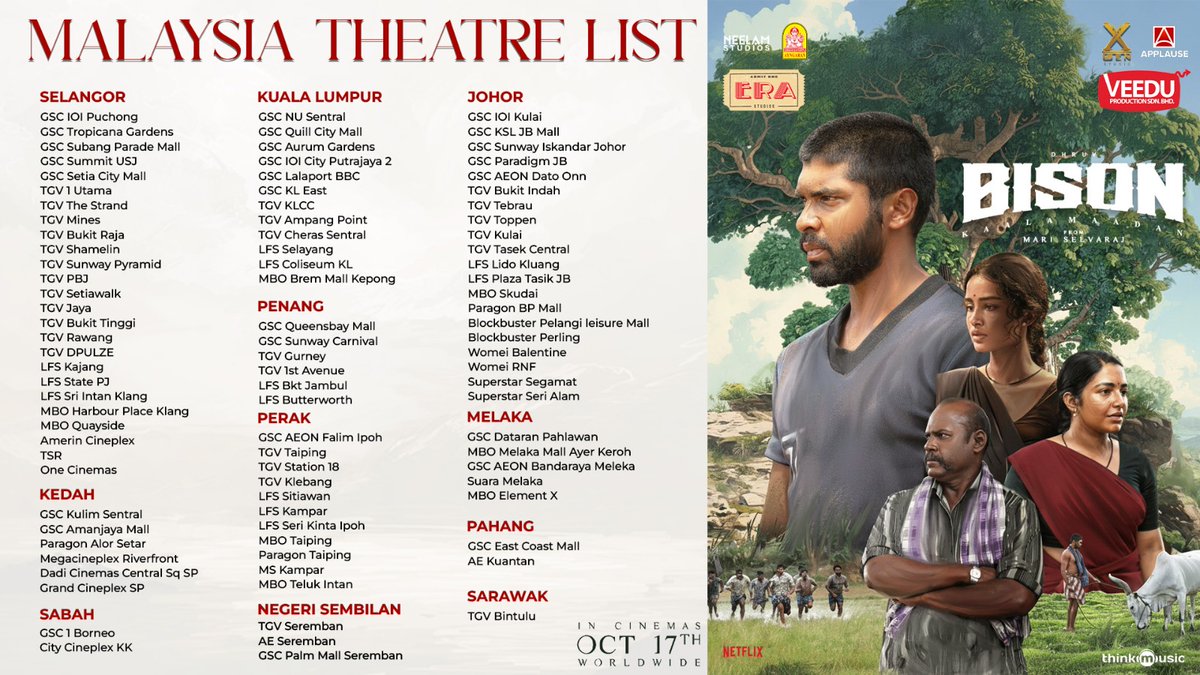chiyaan_Vikram6's tweet photo. #BisonKaalamaadan Malaysia theatre list 💥💥💥💥💥

3 days to go ....
#BisonKaalamaadan From Diwali 🎇 🪔
@Era_Studios_My @VeeduProduction #XgenStudio @Ayngaran_offl   @uie_offl @Mdanees_3 @karan_ayngaran

#BisonKaalamaadanFromDiwali #BisonKaalamaadanOnOct17 🎆 https://t.co/LgCNgIyK4I