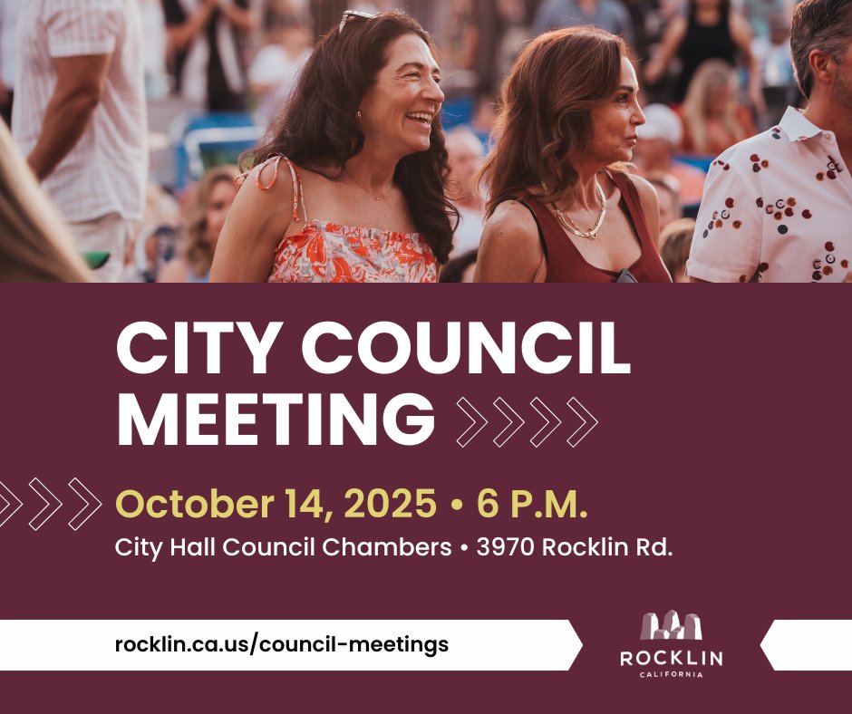 📅 Rocklin City Council Meeting

Join us for the next City Council meeting on Tuesday, October 14, at 6:00 p.m. in the Council Chambers at City Hall.

View the full agenda here: rocklin.ca.us/city-council-m…