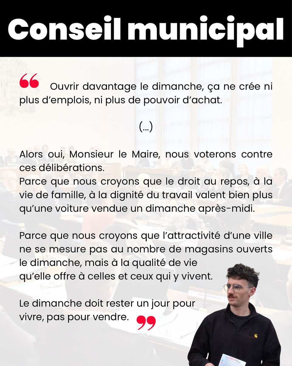 💬 « Le dimanche doit rester un jour pour vivre, pas pour vendre. »

Au conseil municipal , <a href="/TaranMarec/">Taran Marec 🌊</a> a défendu le droit au repos et la qualité de vie.

#ConseilMunicipal #DroitAuRepos